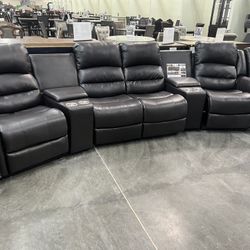 New 4 Reclining Home Theatre Sectional.  Black Or Brown Leather.  138” X 38”.  Free Delivery!
