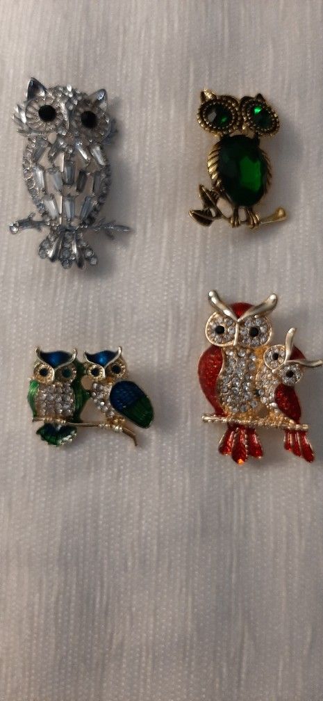 Various Owl Brooches with Crystals. $10 each