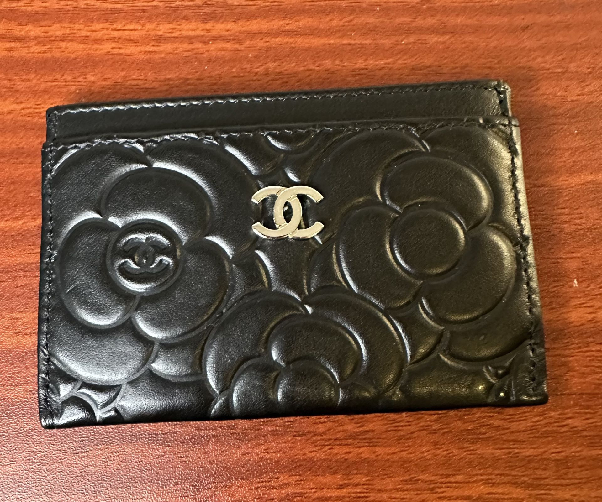 Chanel Black Leather Camellia Embossed Card Holder