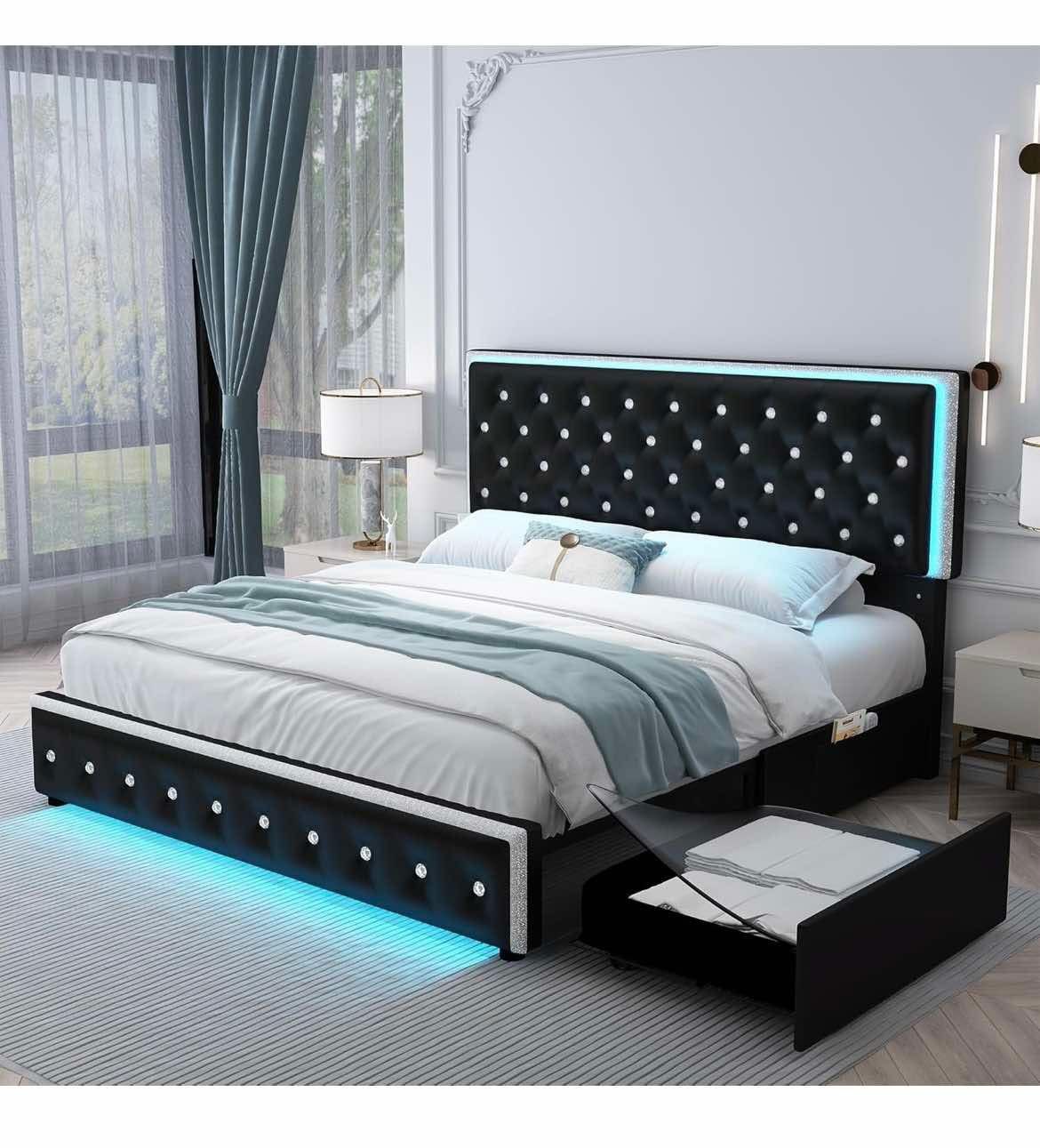 NEW - Queen LED Bed Frame with 2 Drawers, Storage Platform Beds with Upholstered Crystal Button Tufted Headboard Footboard, 2 Side Pockets