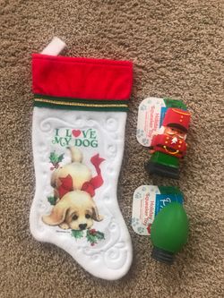CHRISTMAS I LOVE MY DOG STOCKING AND 2 HOLIDAY SQUEAKS AND FLOAT TOYS NEW