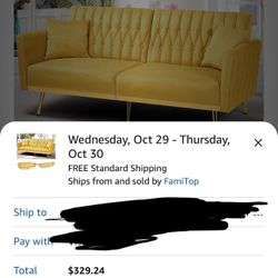 Modern Mustard Velvet Sofa with Gold Legs + Pillows