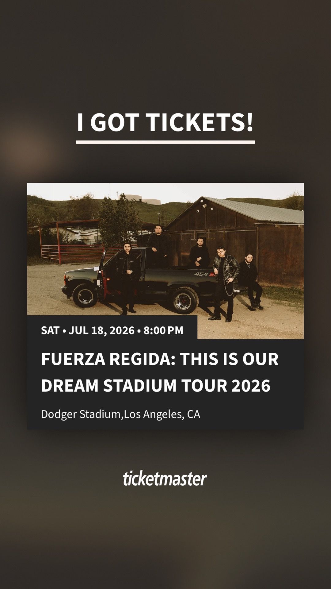 2 VIP tickets FUERZA REGIDA: THIS IS OUR DREAM STADIUM TOUR 2026 DODGER STADIUM
