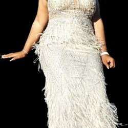 Jovani - 03023 Sheer Bodice Beaded Adorned Feather Fitted Evening Gown Silver, Size 12.