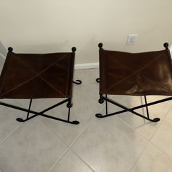 Folding Leather brown industrial accent stools (2)