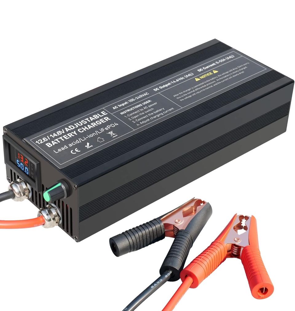 Battery Charger 14.6V 50A Lifepo4 Battery Charger Smart Maintainer Adjustable Current Portable Power Adapter for 14.6V LiFePO4 Lithium Iron Rechargeab