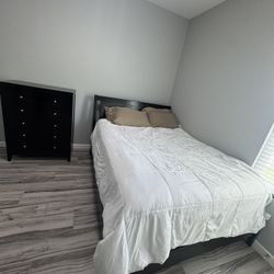 Queen Bed frame, Dresser, Box Spring And Mattress