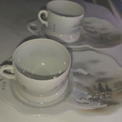 Set Of 2 Kutani Eggshell Porcelain Dishes With Mt.Fuji, Lake,, House And Trees In VG Condition 
