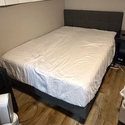 Barely Used Costco Queen-Sized Memory Mattress w/ Upholstered Grey Bed Frame and Headboard