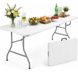6FT Folding Table White, Portable Fold-in-Half Plastic Table with Carrying Handle, Heavy Duty Indoor Outdoor Dining Picnic Camping Party Table, NEW!