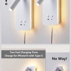 Dimmable Wall Mounted Reading Light for Bed, LED Wall Lamps with USB C+A Ports, Hardwire & Plug in 2 in 1 Wall Sconces with Switch, Eye-Caring Bed Sid