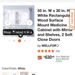 55 in. W x 35 in. H Rectangular White Wood Surface Mount Medicine Cabinet with Mirror and Shelves