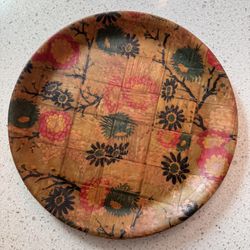 12” Vintage parquet bamboo wood serving tray plate