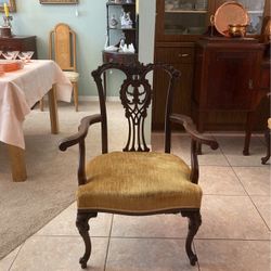 Circa 1900’s Upolstered Elegant Mahogany Chair .With Carved back  With Detailed Arms And Legs