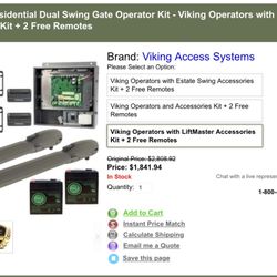 Viking E4 Residential Dual Swing Gate Operator Kit - Viking Operators with LiftMaster Accessories Kit + 2 Free Remotes