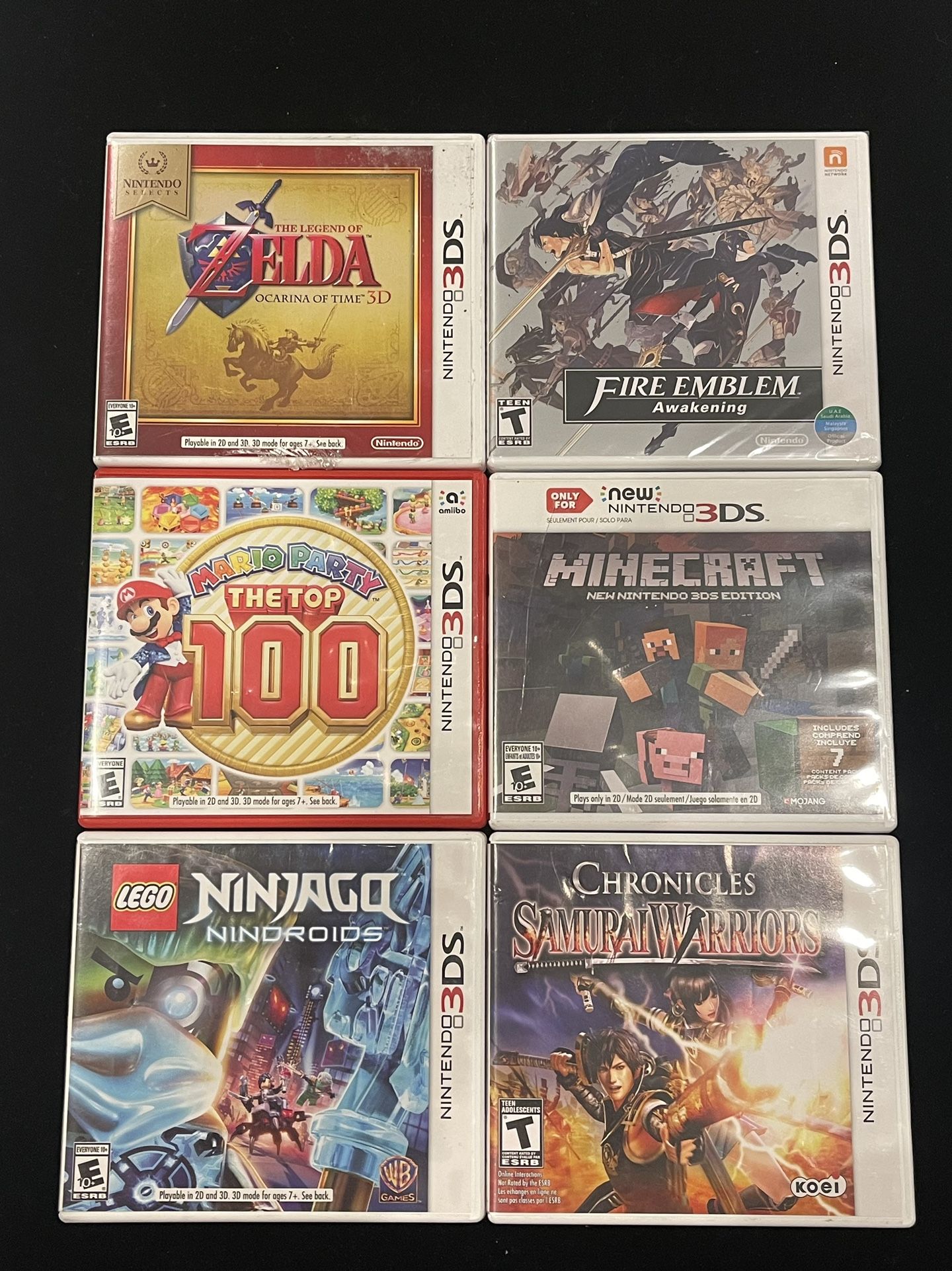Nintendo 3DS Game Cartridge Lot of 6(Mario Party Zelda Minecraft Fire Emblem LEGO Ninjago Samurai Warriors)