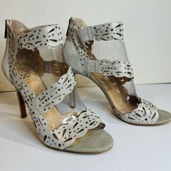 Vince Camuto Sz 9 M Katlina Jeweled Suede Dress Sandal Heel Earl Grey Silver