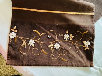 New Table Runner 72” X 14”, Brown With Embroidery And Ribbon Floral Work On Edges.