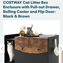 COSTWAY Cat Litter Box Enclosure with Pull-out Drawer, Rolling Caster and Flip Door-Black & Brown