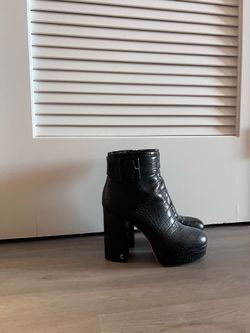 Croc Leather Black Boots Block Heel