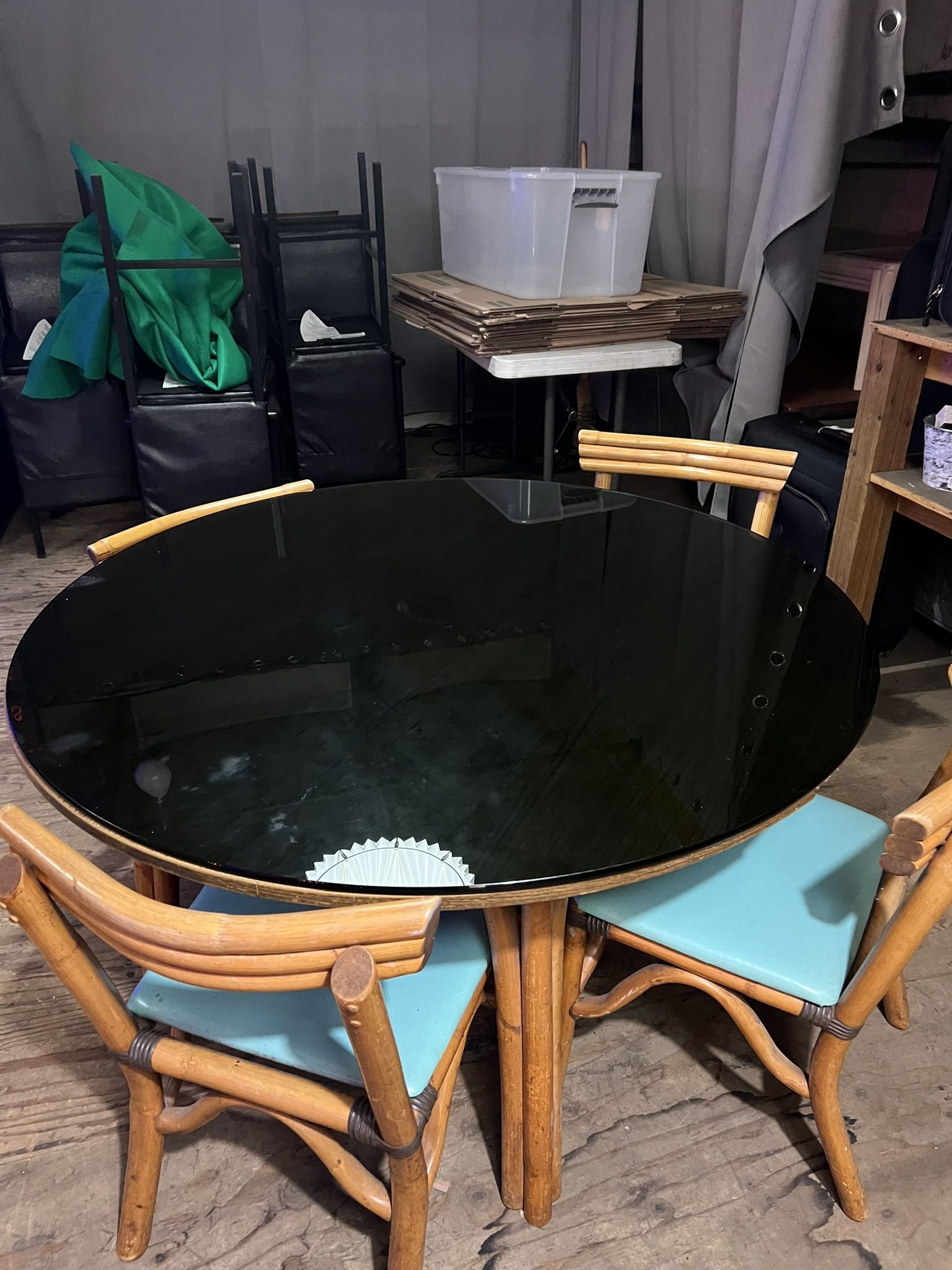 Vintage Bamboo Round Wood Table With 4 Chairs 