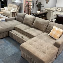 Fabric pull out bed sofa with storage