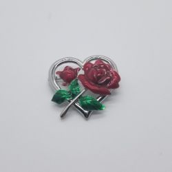 Silver heart red rose pin/brooch