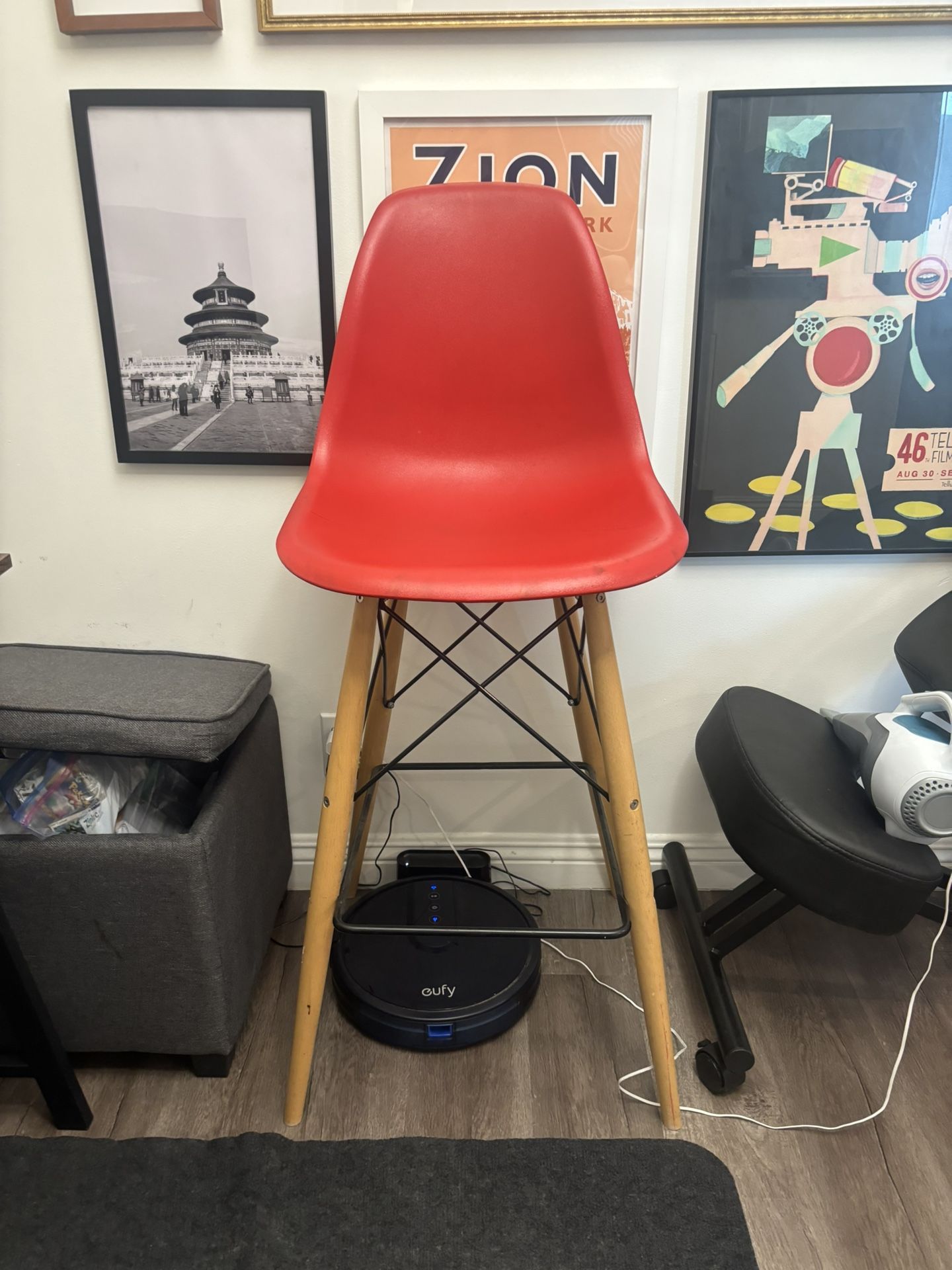 Red Plastic Counter Stool with Wooden Dowel Legs