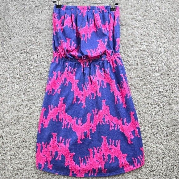 Lilly Pulitzer Windsor Dress Womens XS Blue Pink Giraffe Strapless Mini Beach
