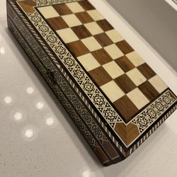 Vintage Inlaid Micro Mosaic Chess, Checkers, and Backgammon Traveling Game Board