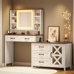 Vanity with Glass Top & Charging Station, Vanity Desk with Touch Screen Mirror and Lights, Makeup Vanity with Drawers Shelves Cabinet