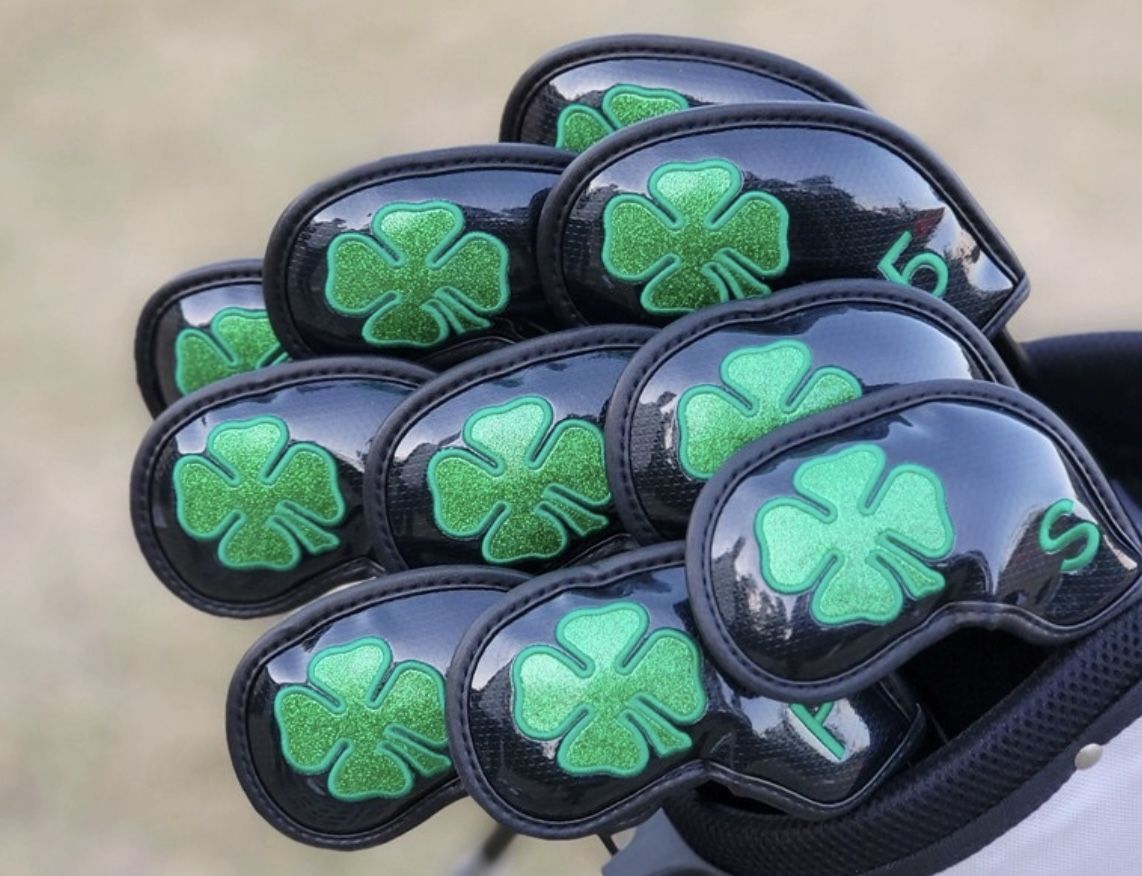 Lucky Four Leaf Clover Golf Iron Cover 10pcs Leather (Black & Green Glare)