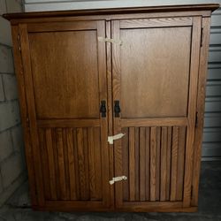 Vintage Solid Oak Mission / Arts & Crafts Armoire – Two-Piece Wardrobe