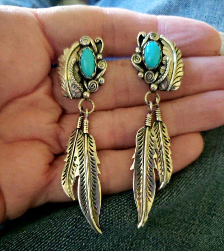 Vintage LONG Turquoise Sterling Silver Feather Earrings 2.75"