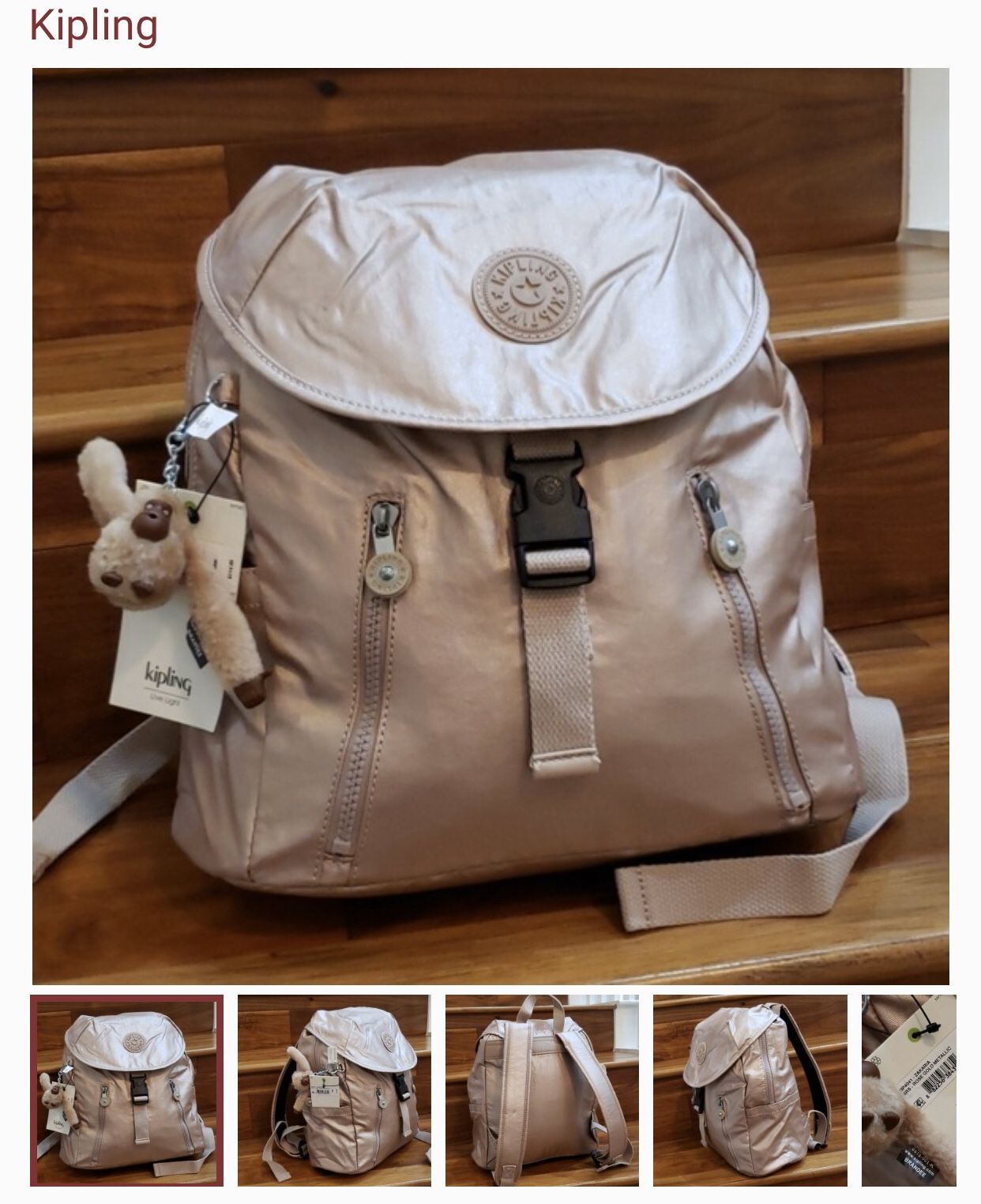 Kipling Rose Gold Metallic Backpack Backpack Kipling Rose Gold