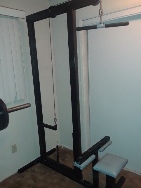 Multi function lat, back, triceps, biceps, work out machine.