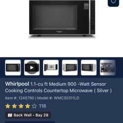 Whirlpool 1.1-cu ft Medium 900 -Watt Sensor Cooking Controls Countertop Microwave ( Silver )