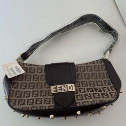 Brown Bag Clutch With Studs With One Handle Brown Leather & Tan Logo Canvas With Studs