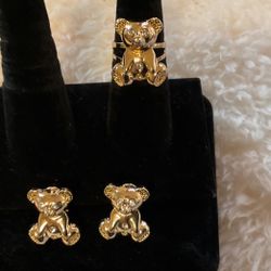 Gold Plated Panda Bear Earrings W/matching Ring..light Weight