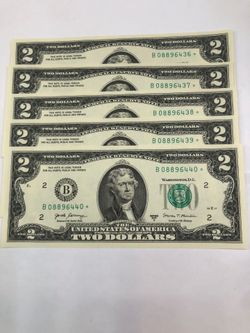 5 consecutive brand new uncirculated $2 dollar star notes