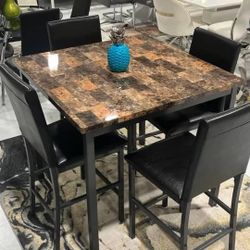 Special Ofert!! 5 Pieces Dining Set, Marble Top And Wood Chairs 