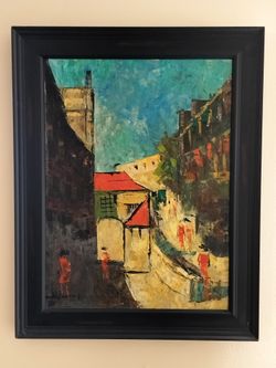 Mid Century Colorful Cityscape Street Scene Oil on Canvas Signed and Framed.