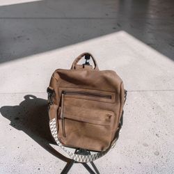 Tan Leather Mini Backpack with Crossbody Strap