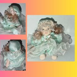 Collectable Vintage, 1:12th Scale, Dolls House, Figurine, Doll, Victorian, Edwardian, Girl, Child, Toddler, in Aqua Lace Dress, Hat, Present