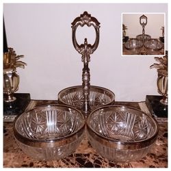 VINTAGE ORNATE VICTORIAN MID CENTURY SILVER CRYSTAL GLASS TRIPLE BOWL SERVING DISH CENTERPIECE TABLE DISPLAY DECOR