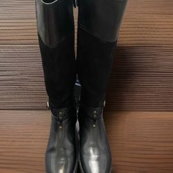 Tory Burch Simone Leather Knee High Riding Boots Round Toe Logo Zip Sz 10