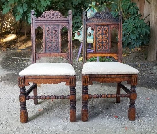 Pair of Antique Jacobean Solid "Tiger Wood" Side/Dining Chairs