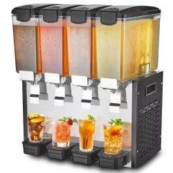 107#Commercial Beverage Dispenser, 4 Tanks 10 L / 10.6 QT Per Tank Juice Dispenser, 430W Stainless Steel Ice Tea Drink Machine with 45°F-54°F Cooling 