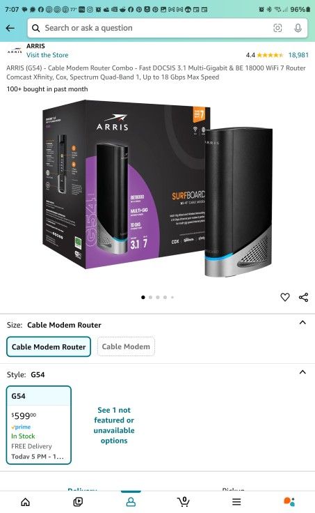ARRIS (G54) - Cable Modem Router Combo - Fast DOCSIS 3.1 Multi-Gigabit & BE 18000 WiFi 7 Router Comcast Xfinity, Cox, Spectrum Quad-Band 1, Up to 18 G