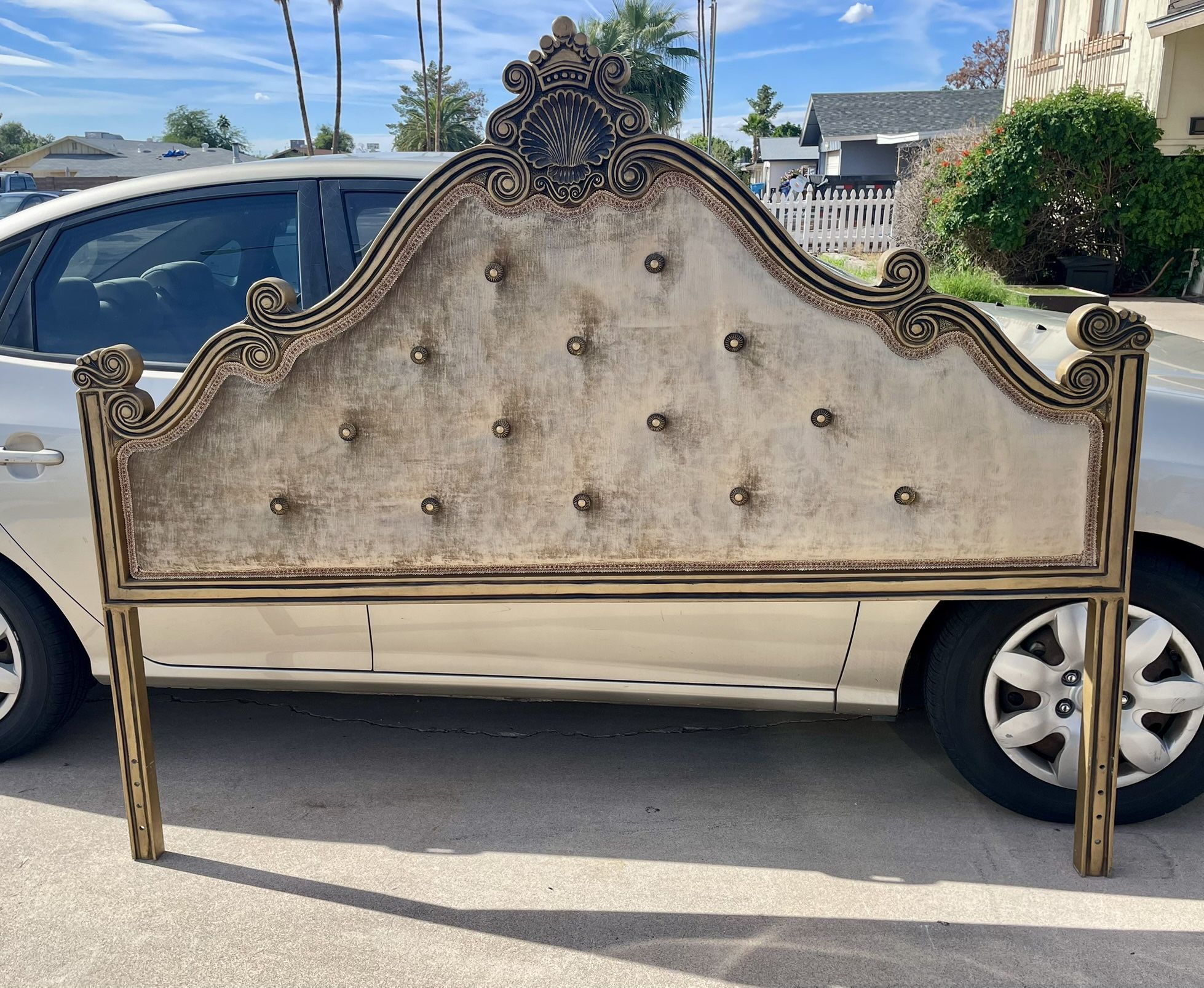 Gorgeous Hollywood Regency French Rococo Cast Aluminum King Headboard in Champagne Velvet